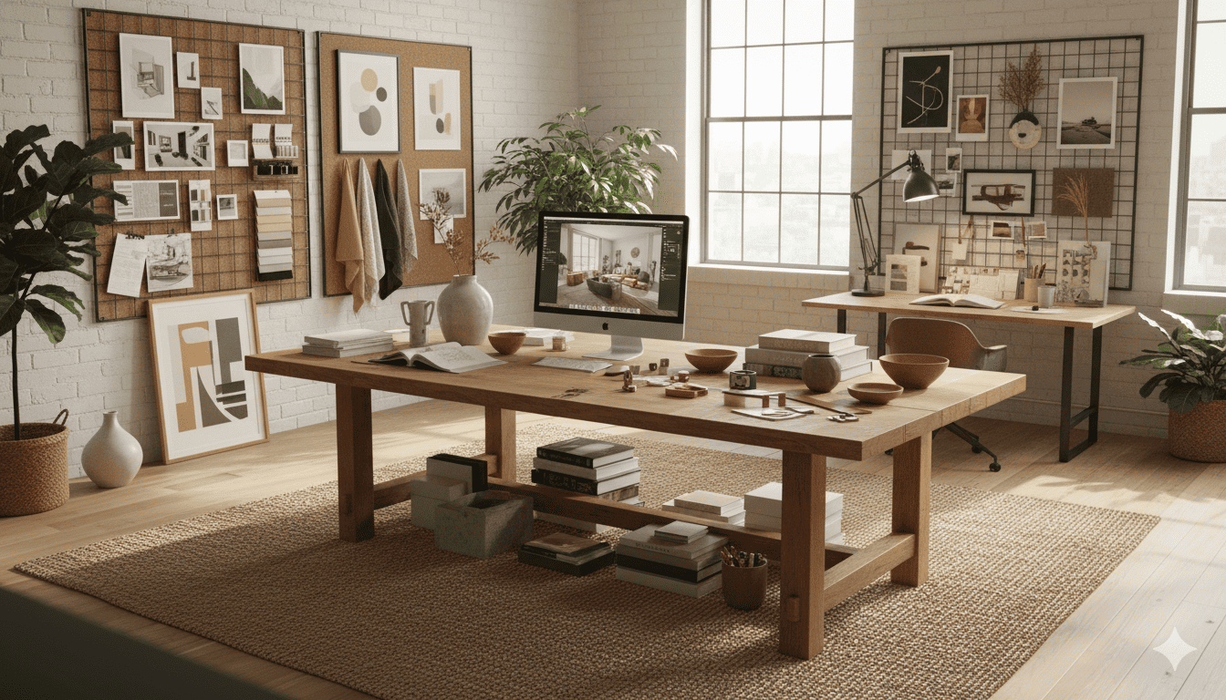 Interior styling studio workspace with design materials and inspiration boards